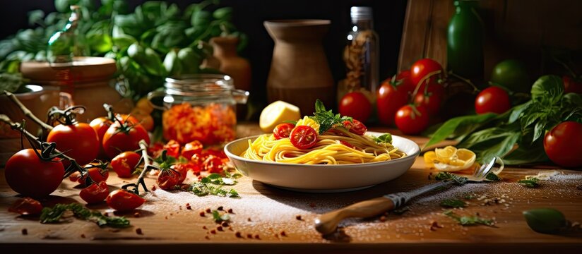 In the background a wooden kitchen with a red accent showcased gourmet cooking as the chef created a healthy dinner of yellow pasta made from nutritious vegetable based ingredients with a p
