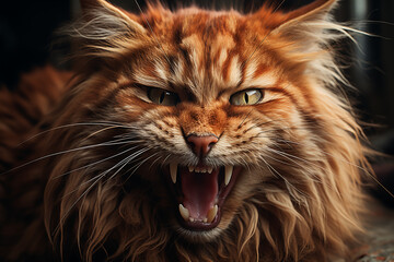 Portrait of a Maine Coon cat with an aggressively open mouth