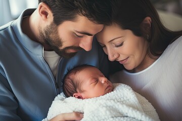 Loving family portrait: father and mother with newborn baby, radiating affection and happiness at home. - obrazy, fototapety, plakaty
