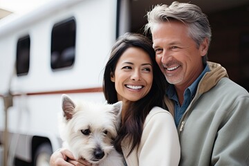 Happy couple enjoying a leisurely day outdoors with their dog.