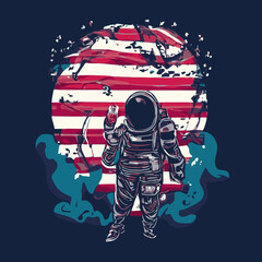 An astronaut in space suit with a flag american behind him design vector illustration for use in design and print poster canvas