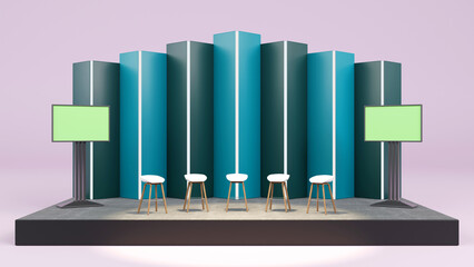 3d rendering of color light stage with seats and two TV screens for talking, interviews, Presentation business concept