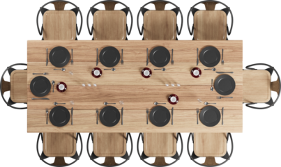 Top view of outdoor wooden dining table with chairs