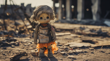 Alone dirt toy doll lies rubble of house. Concept destroy life of baby after accident war or earthquake. - obrazy, fototapety, plakaty