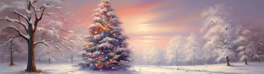 Rolgordijnen Natural landscape decorated with fairytale winter Christmas trees, 32:9 ratio © 대연 김