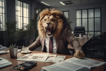 Foto op Canvas Concept furious lion businessman shouts and growls at meeting at his subordinates, throws paper. Expired contracts, boss beast in meet room. © Adin