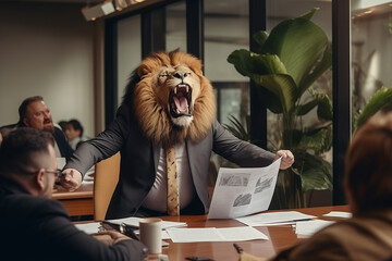 Concept furious lion businessman shouts and growls at meeting at his subordinates, throws paper. Expired contracts, boss beast in meet room. - obrazy, fototapety, plakaty