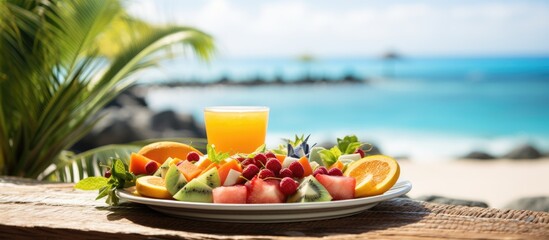 In the background of a tropical paradise a nature lover indulged in a colorful and creative breakfast blending art with the concept of fitness and health by infusing the plate with a variety