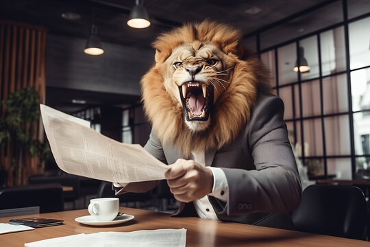 Concept furious lion businessman shouts and growls at meeting at his subordinates, throws paper. Expired contracts, boss beast in meet room.