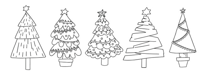 Hand drawn illustration, Doodle illustrations of Christmas tree, Set of fir trees with strokes, Doodle style, Cartoon doodle hand drawn pattern, Line art vector illustration.
