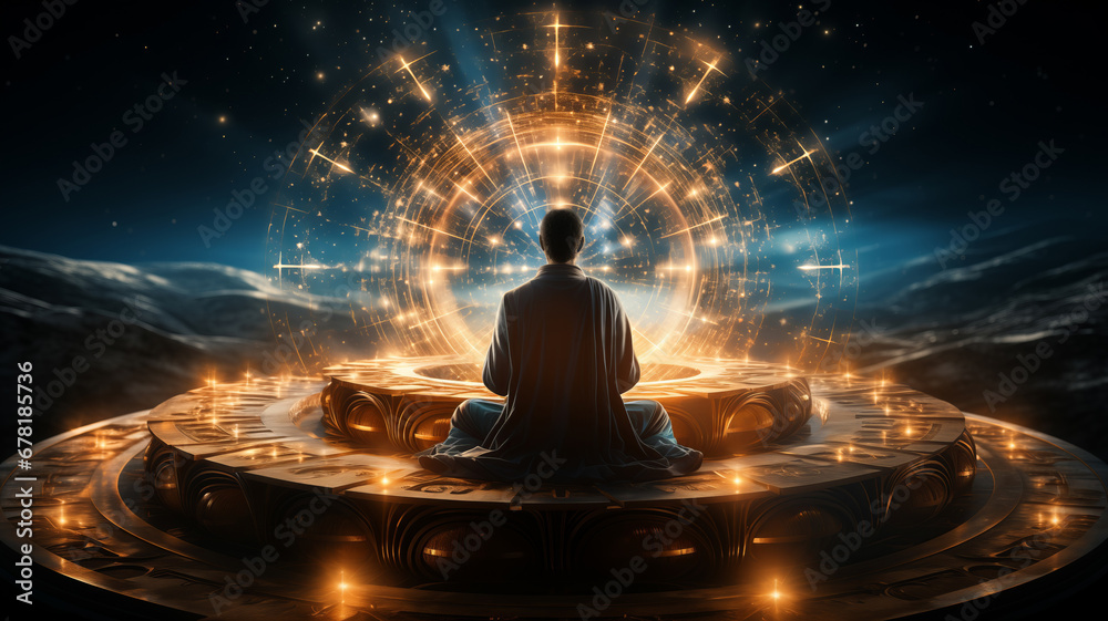 Wall mural astral yoga silhouette of human in cosmic space meditate. back view man practicing transcendental sp