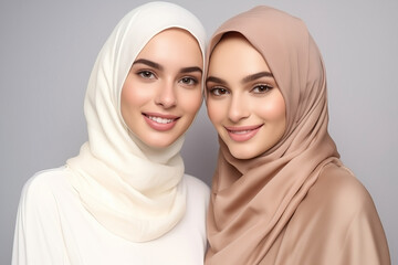 Muslim Portrait of beautiful womans in headscarf in studio