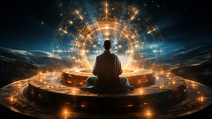 Astral yoga silhouette of human in cosmic space meditate. Back view man practicing transcendental spiritual meditation