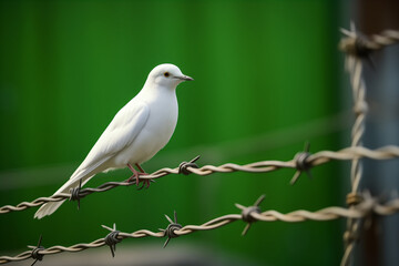 Obraz premium White dove of freedom on Pakistan flag background and barbed wire, concept Kashmir Solidarity Day 5th Feb