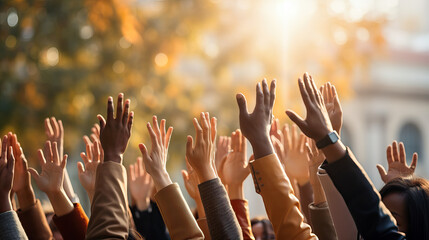 Multiethnic group of people hands up.