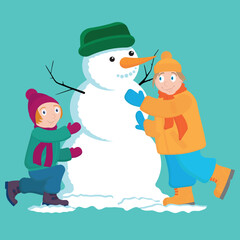 Children and a snowman. Winter entertainment.