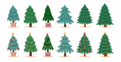 Set of Christmas trees isolated decorated and undecorated. Christmas concept.