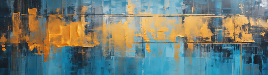 An abstract painting expressed in flowing gold and blue paint techniques. 32:9 ratio