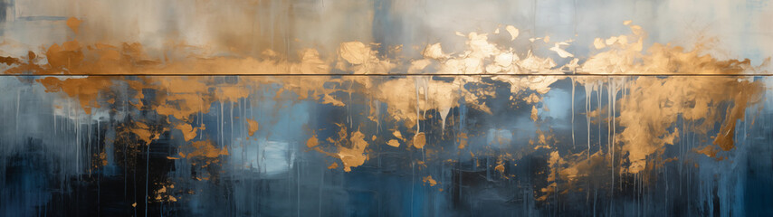 An abstract painting expressed in flowing gold and blue paint techniques. 32:9 ratio