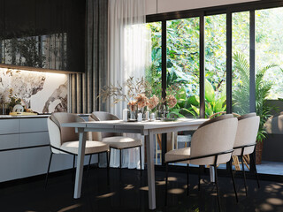 Modern luxury interior of dining room with table and chairs and pantry wall background. 3d rendering. 