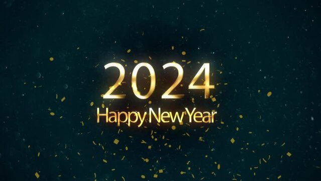 2024 animation Isolated on Black background, Festive illustration of golden metallic numbers. Animated text that says Happy New Year 2024. 3D Illustration.