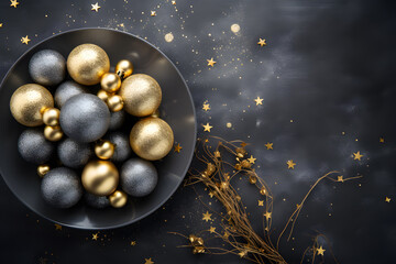Christmas decorations on dark background. Golden and black balls, decorations, confetti.  Xmas greeting card template. Happy New Year banner mockup