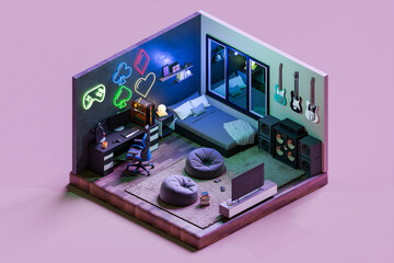 Bedroom gamer room with neon light. 3D isometric render © DMegias
