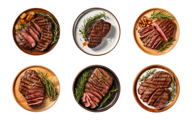 Collection set of top view beef steak in a plate isolated on a transparent background