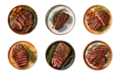 Collection set of top view beef steak in a plate isolated on a transparent background