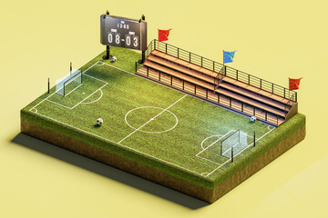 3D isometric rendering of soccer football field with tribune in stadium