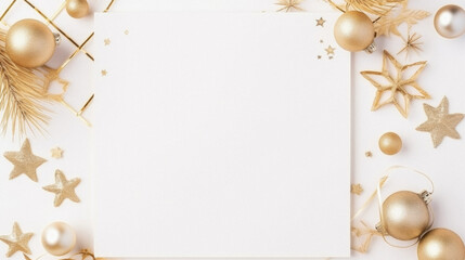 Fototapeta na wymiar Christmas greeting card mockup with golden decorations on white background. Flat lay, top view, copy space.