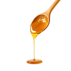 Thick bee honey dripping from a wooden spoon isolated