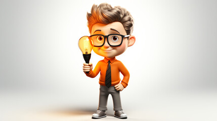 male comic figure stands in front of a white background, has an idea and holds a light bulb in his hand