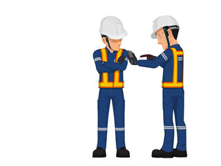 Two industrial worker are discussing on white background