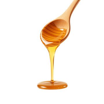 Bee honey dripping from a wood spoon onto the floor isolated