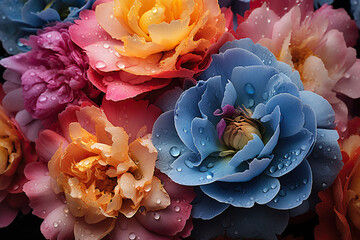 Lush flowers with drops of water on the petals. Generative AI