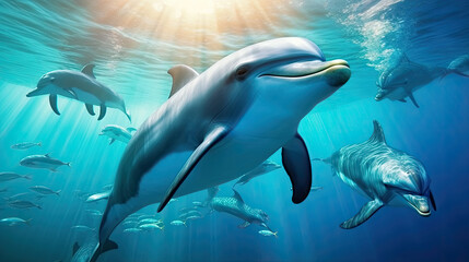 dolphin in the sea, dolphins underwater in blue ocean. Dolphins family