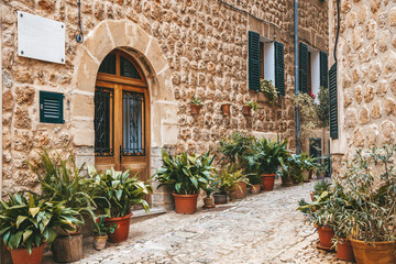 Fototapeta na wymiar Picturesque street with lots of plants in pots in the village Fornalutx in Mallorca