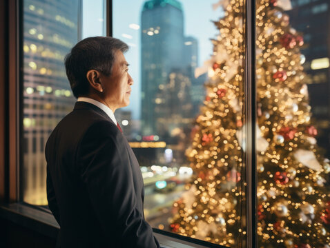 Business people stand in their offices in skyscrapers at Christmas