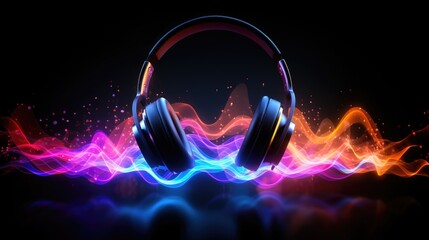 Headphones and soundwaves on dark background.  Concept of electronic music listening. Digital audio equipment - obrazy, fototapety, plakaty