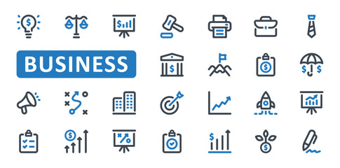 Business icon set. startup, profit, income, sales, report, goal, project, presentation, target, earnings, growth, office, planning, marketing, icons. Line Outline icon collection. Vector illustration