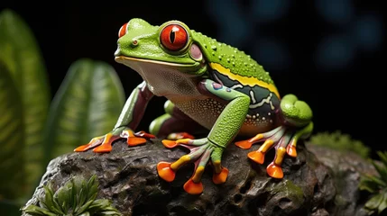 Foto op Canvas Red-eyed tree frog sitting on tree, red-eyed tree frog closeup © YauheniyaA