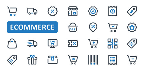 E-commerce icon set. ecommerce, online, shopping, shop, store, buy, purchase, commerce, cart, basket, price, tag, sale, discount, offer, icons. Thin Line Outline icon collection. Vector illustration