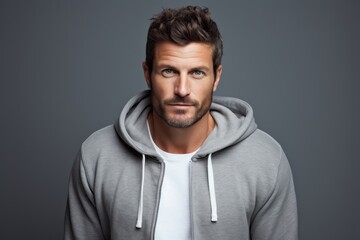 Fototapeta premium Portrait of a glad man in his 30s sporting a comfortable hoodie against a pastel gray background. AI Generation