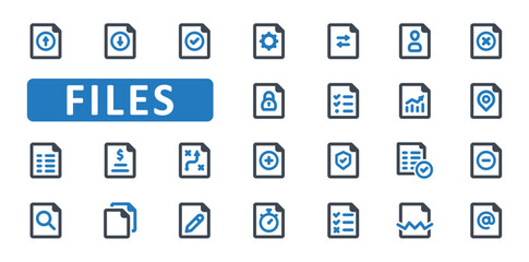 Files icon set. file, document, paper, page, sheet, data, audit, checklist, survey, report, analysis, sharing, approved, save, check, icons. Thin Line Outline icon collection. Vector illustration