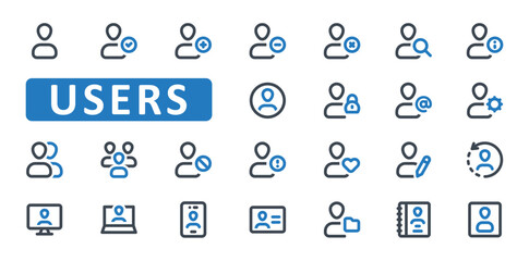 Users icon set. user, Account, profile, avatar, man, person, male, people, team, group, add, new, approved, remove, delete, icons. Thin Line Outline icon collection. Vector illustration