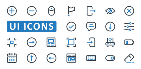 UI icon set. user interface, ux, basic, add, new, minus, cancel, approve, delete, arrow, calendar, mouse, keyboard, icons. Thin Line Outline icon collection. Vector illustration