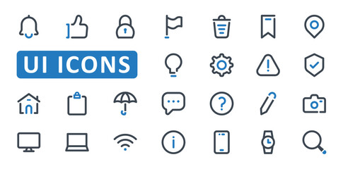 UI icon set. user interface, ux, basic, like, setting, home, flag, security, location, computer, laptop, light, protection, support, icons. Thin Line Outline icon collection. Vector illustration