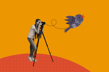 Sketch image collage of lovely happy girl making photo photographing nature isolated on painted colorful background - Powered by Adobe