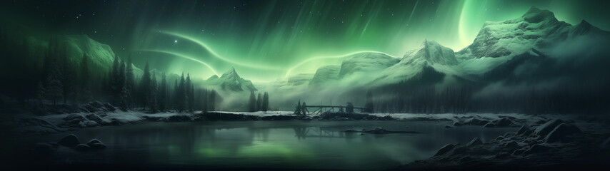 Stunning scenery of the Aurora with mountains and lakes spread across the northern part of the Scandina Peninsula, 32:9 ratio - obrazy, fototapety, plakaty
